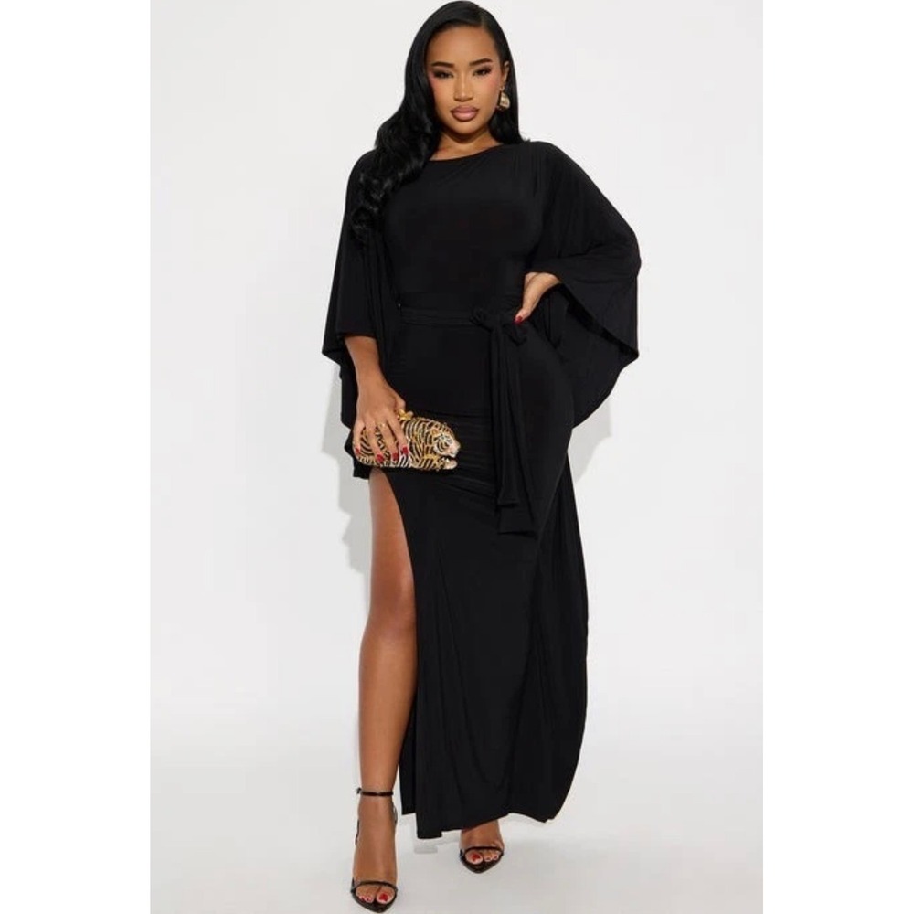 Fashion Nova Black Cape Sleeve Maxi Dress Side Slit Belted NMD8040 Mens M